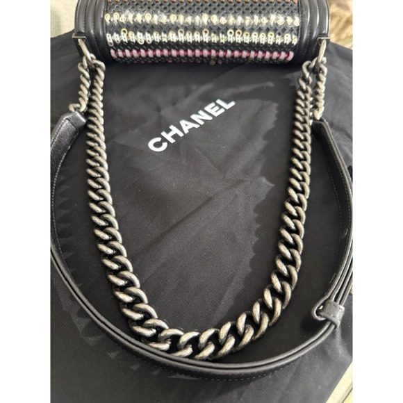 Chanel TWEED WOVEN Medium Boy Flap Bag Embellished Black Lambskin Box & Dustbag - Picture 9 of 16